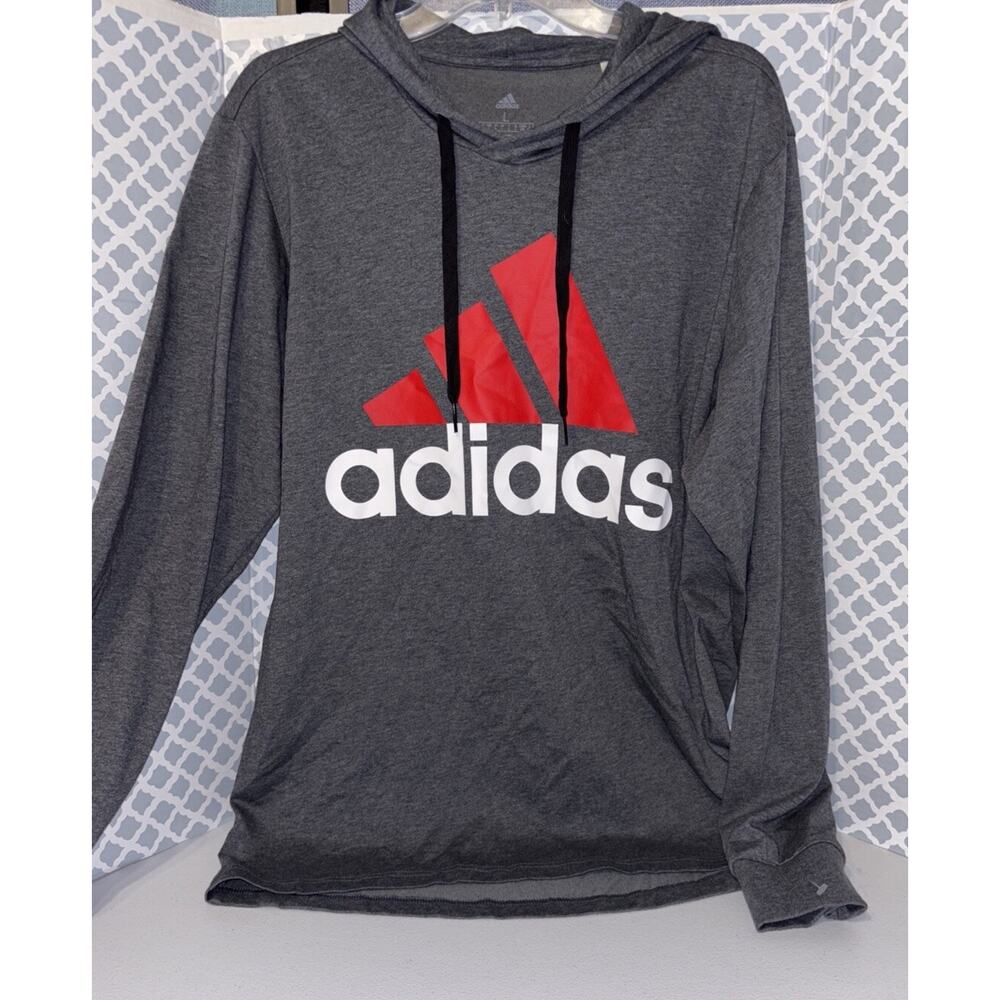 Adidas T Shirt Mens Big Logo Hooded Gray Long Sleeve Sz L EUC NICE